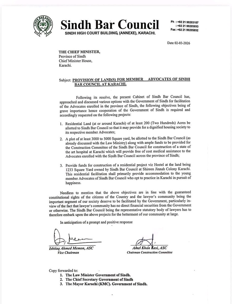 Sindh Bar Council Requests Land and Funds from Sindh Government for Advocate Welfare (Karachi)