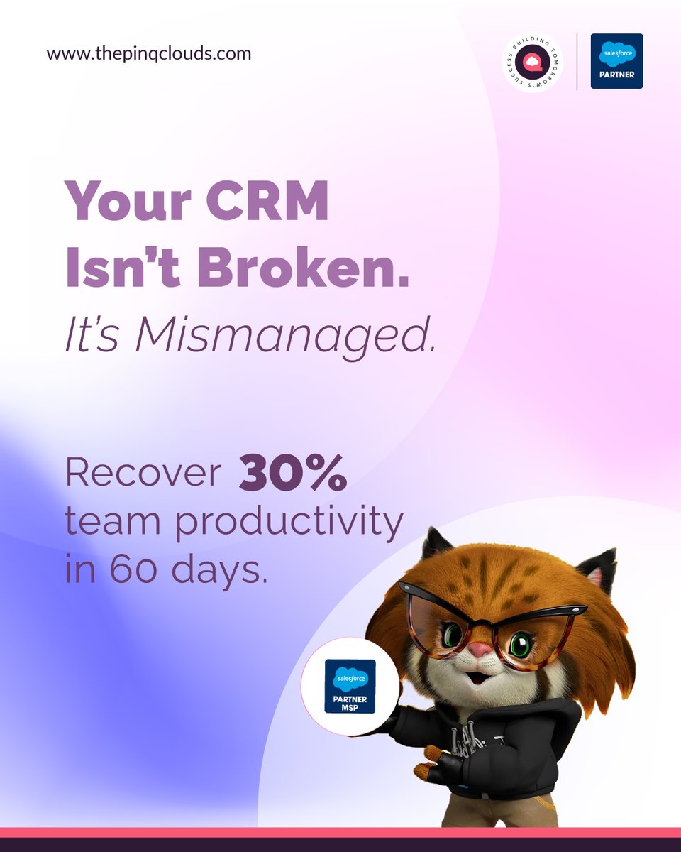 thepinqclouds's tweet photo. Low adoption. Messy data.
No visibility. We fix @Salesforce execution & lift productivity 20–40%.
Book your CRM Audit: https://t.co/BNlRckwmmm
#CRM
#Salesforce
#Agentforce
#ManagedServices
#SalesforcePartner
#SalesforceAgentforce
#SalesforceAppExchange https://t.co/x6YxEUkkS7
