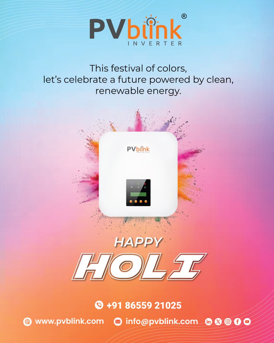 PVblinkInverter's tweet image. May this festival of colors fill your life with happiness, positivity, and endless success.
As we celebrate #Holi, let’s spread joy, strengthen bonds, and welcome new beginnings with vibrant energy.
Wishing you and your loved ones a safe, joyful, and colorful Holi! 🌈

#pvblink