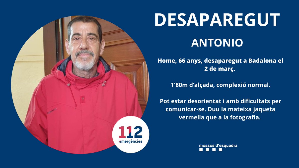 L'Antonio va desaparèixer el 2 de març a Badalona. Ajuda'ns a trobar-lo.