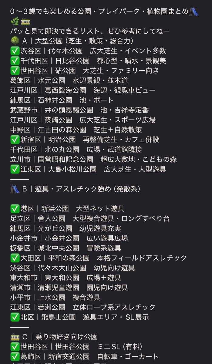 kosodate_yeah's tweet photo. 夫と2人のグループ作ってノートにコピペを貼り付けて

行ったところに✅つけて管理してみる。

今週どこ行く？と相談する時にリスト見れば検討しやすそう✨ https://t.co/wXSSwby1OP