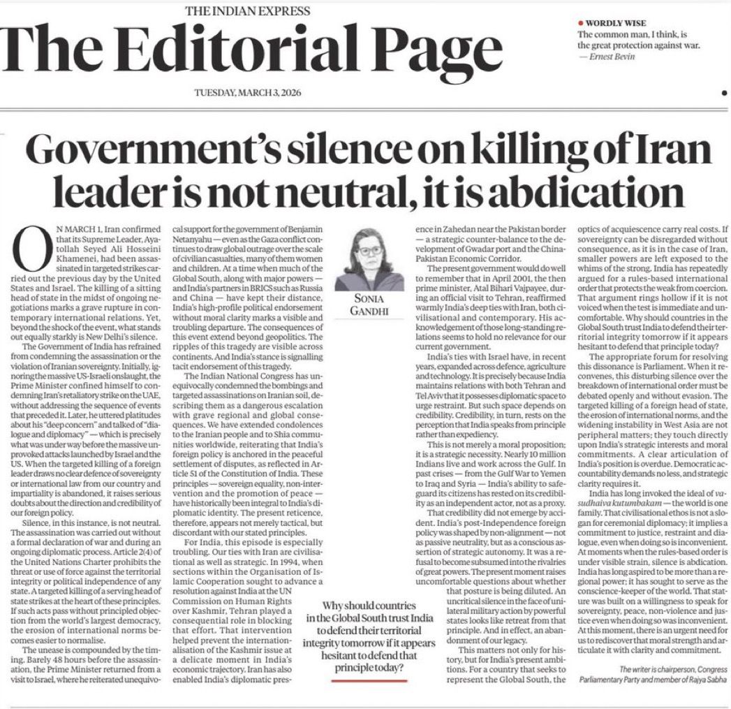 ’Government’s silence on Killing of Iran Leader is not neutral, it is abdiction’

CPP Chairperson Smt. #SoniaGandhi  ji’s column for Indian Express is a must read 👇