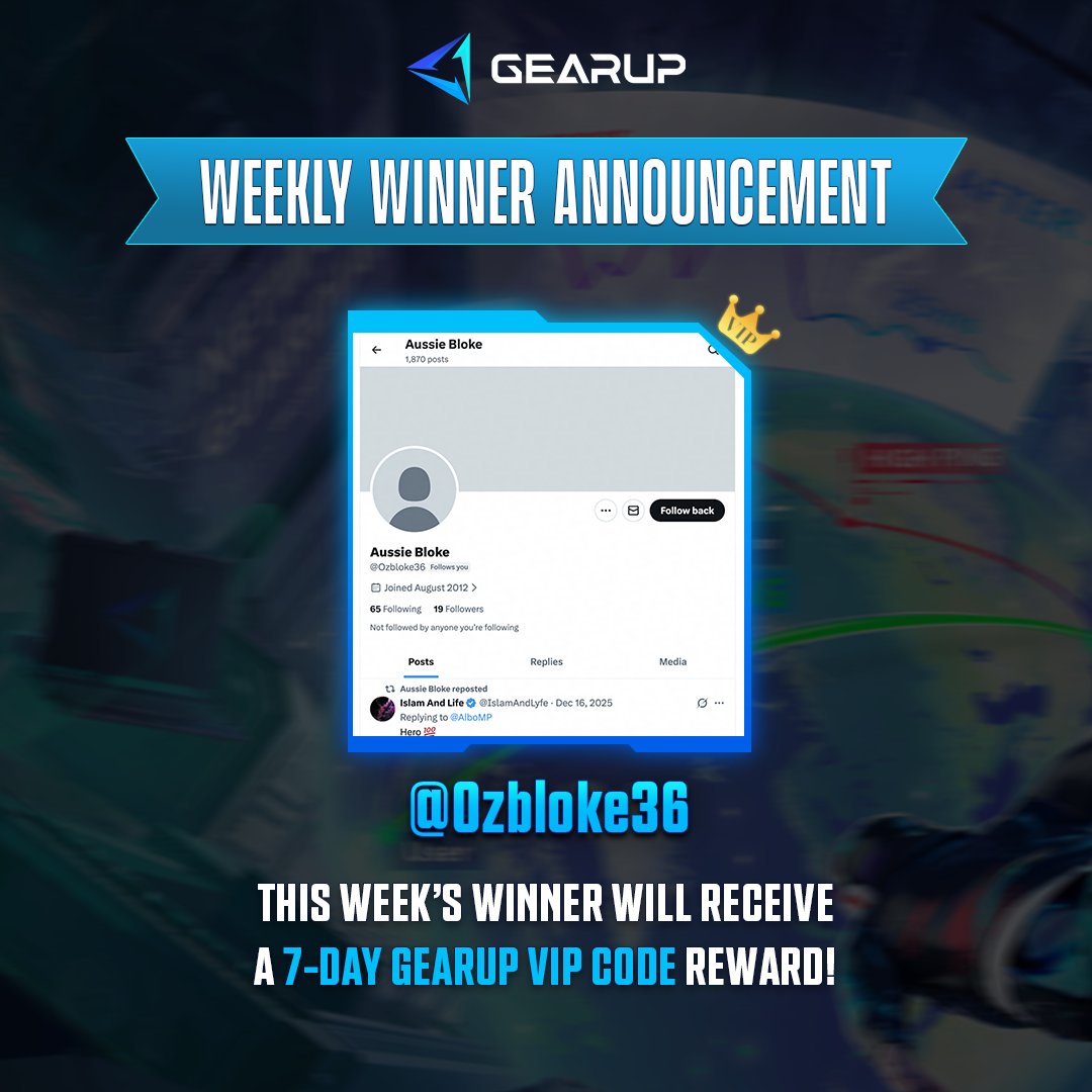 GearUP_Global's tweet photo. HUGE CONGRATS to this week's lucky winners: @Ozbloke36
You've won the 1 WEEK VIP CODE, DM us to claim your prize! Thanks for all the support, and good luck to everyone for next week's draw! https://t.co/zxnShZtXvP