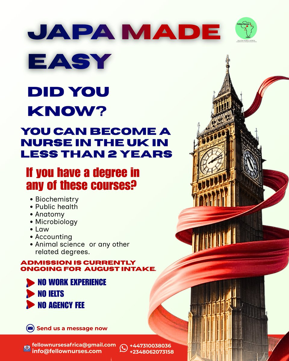 FellowNurses1's tweet image. Want to be a Nurse abroad?

Get step by step guide with Fellow Nurses

NO WORK EXPERIENCE
NO IELTS
NO AGENCY FEE

Grab a slot today
Send us a message now
📧 Fellownursesafrica@gmail.com
📱 WhatsApp: 08134582082

Share with someone who might need this!!

#nursing #abroad