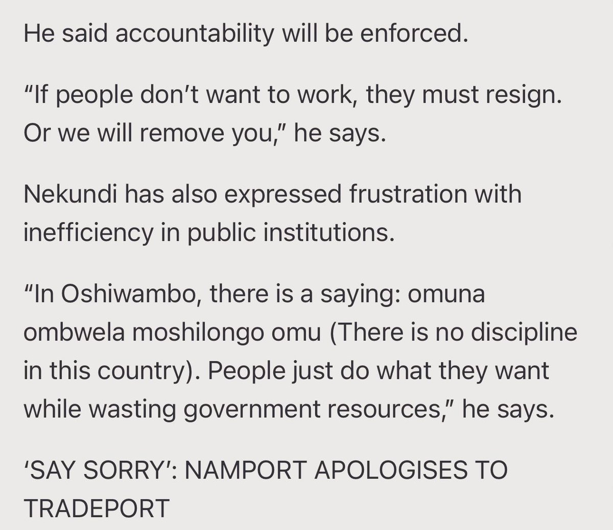 “Omuna ombwela moshilongo omu,” minister Nekundi tati.