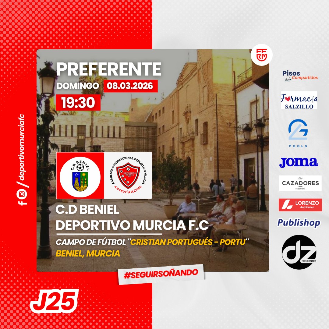 🔥 ¡Partido CONFIRMADO! 🔥

🏆 Jornada 25
📅 Domingo 08/03/2026
⌚ 19:30 Horas
🆚 <a href="/CDBeniel/">Club Deportivo Beniel</a>  
🏟️ CAMPO de fútbol "CRISTIAN PORTUGUÉS - PORTU"

Yo sigo al @deportivomurciafc

#rrfm #murcia #preferente
<a href="/Nacional10x/">PreferenteAUT</a>  <a href="/treceraG13/">Trecera.com ⚽️</a>