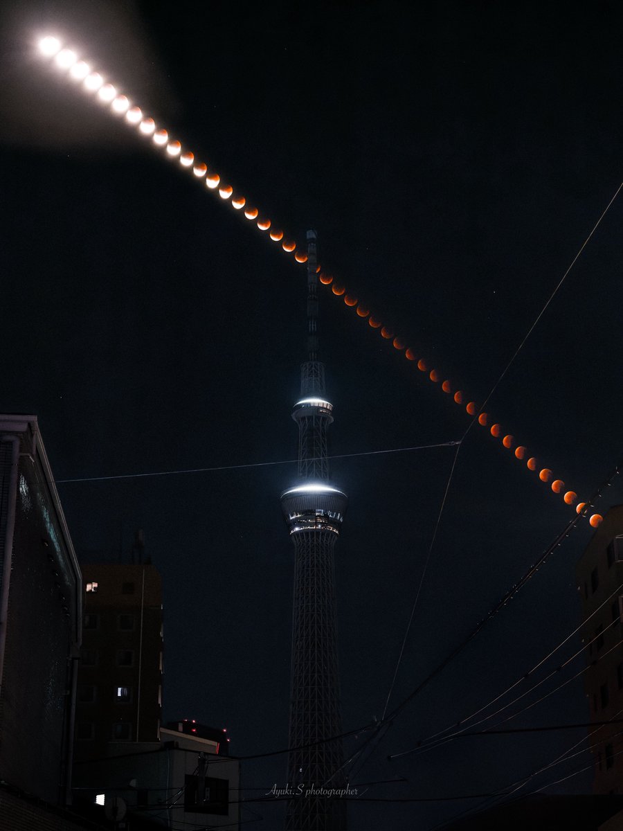 日本の真夜中、
満月が皆既月食を迎えた軌跡🌕