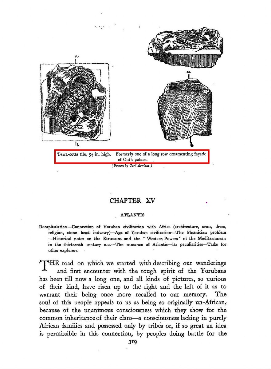 theOlaBola's tweet photo. A fragment of one of the 𝗰𝗲𝗿𝗮𝗺𝗶𝗰 𝘁𝗶𝗹𝗲𝘀 installed on the exterior of the ca.1300 Ifẹ̀ Palace. [Frobenius]
—————

It depicts an S shaped design of an animal in high relief with a head at each end. It was found in the Ifẹ̀ Palace ruins by Martius (his assistant ) in 1910