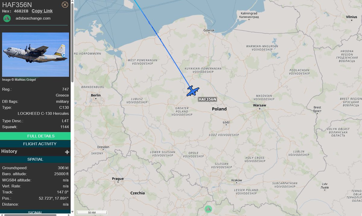 PolishMilRadar's tweet photo. 📅 03.03 🕒 11:31LT - 🇬🇷✈️ Hercules wraca do Grecji 🇬🇷
🇬🇷 Greckie Siły Powietrzne
✈️ Lockheed C-130H Hercules "747"
🛫 Oslo Gardermoen #ENGM🇳🇴
🛬 Baza Lotnicza Elefsis #LGEL 🇬🇷
#HAF356N leci na FL250
🔗 https://t.co/qvFlbn408d
#POLMILRADAR https://t.co/X1pRd78ZdA