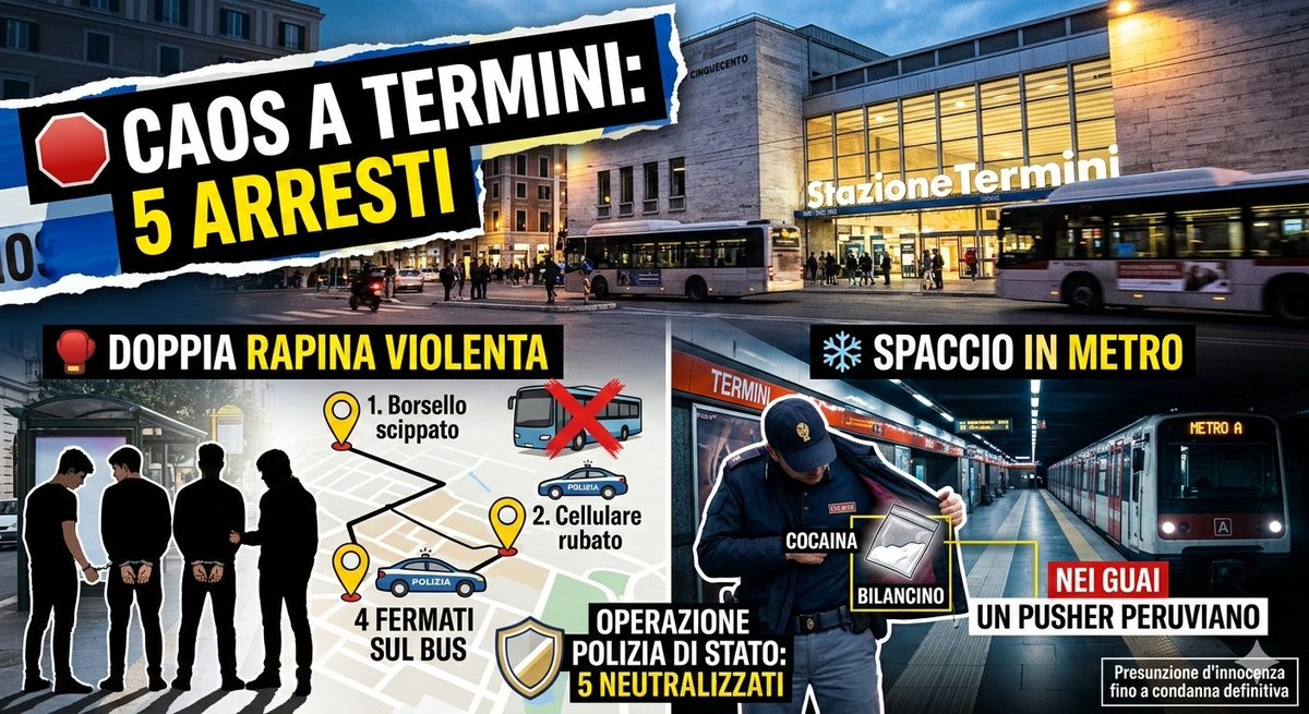 cicalonesimone's tweet photo. 🛑 Caos a Termini: 5 Arresti in poche ore
La Polizia ha ripulito l'area della stazione tra scippi violenti e droga sui binari. Ecco cosa è successo:
Doppia rapina in 5 minuti
In via Giolitti, un gruppo di quattro ragazzi ha seminato il panico seguendo sempre lo stesso schema:
 * L'attacco: Puntavano un passante, lo circondavano e lo riempivano di calci e pugni.
 * I colpi: In pochi minuti hanno rubato un borsello dentro la stazione e un cellulare alla fermata dei bus.
 * La fuga (fallita): Sono saliti su un bus notturno per nascondersi tra la gente, ma un testimone ha avvisato una pattuglia.
Il risultato: I poliziotti li hanno bloccati sul bus. Uno di loro ha cercato di buttare il giubbotto con la refurtiva, ma sono finiti tutti e quattro in manette per rapina aggravata.
Droga in metropolitana
Sottoterra, tra le banchine della Metro Termini, è finito nei guai un giovane pusher:
 * Il sospetto: Camminava rasente al muro per non farsi notare, ma gli agenti della PolMetro hanno visto uno strano gonfiore sotto la giacca.
 * Il sequestro: Aveva addosso un panetto di cocaina e un bilancino di precisione per pesare le dosi.
> Nota legale: Tutte le persone arrestate sono da considerare innocenti fino a una condanna definitiva in tribunale.
#polizia #arresto #termini #roma #arresti