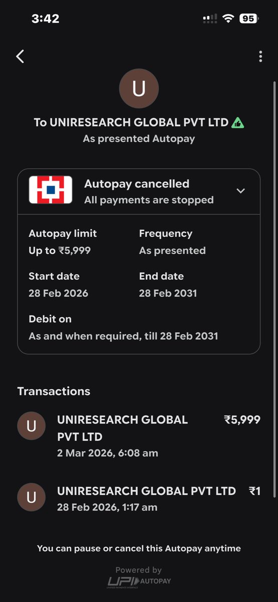 Basu2388's tweet photo. @UnivestIN  Your app subscription method asks users to pay Rs 1 to check it’s effectiveness through a mandate and autopay . As a new user I did the same , but without any notification my account had a deduction of Rs 5999 . Please refund the whole amount @SEBI_India check . https://t.co/TdsHzNsrdH