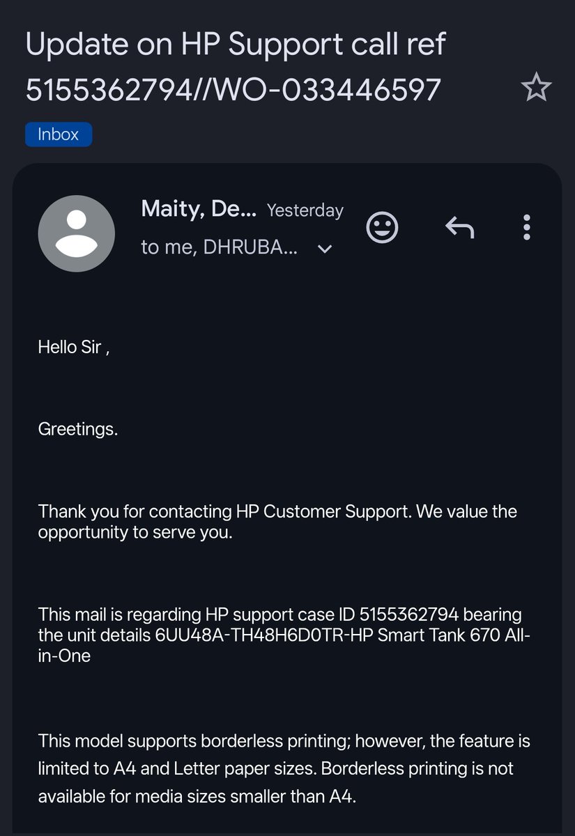 tonne047's tweet photo. @HP @HPIndia 

As per your employee, the printer model supports limited borderless but why error coming on 4*6 photo paper, which is more than the listed paper size on your website. Am I a fool or the employee &amp; HP making us fool??? https://t.co/h1wU3SrPwP