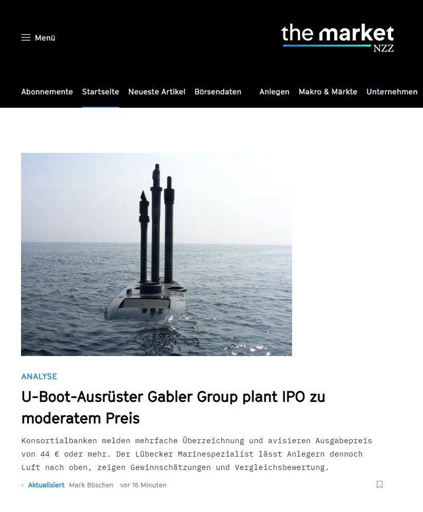 gehirnforschung's tweet photo. Wie heute früh angekündigt: Starke Nachfrage beim #IPO des U-Boot-Zulieferers #Gabler Group.
Gerade im Artikel ergänzt: Konsortialbanken informieren Grossanleger informiert, dass das Emissionsvolumen zu einem Ausgabepreis von 44 € vielfach überzeichnet ist. https://t.co/l4ANNdj6yk