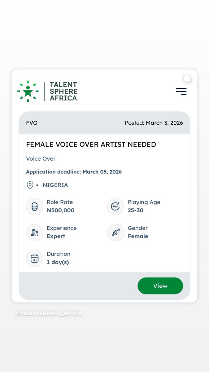 TalentSphereAfr's tweet photo. VOICE OVER CASTING - MALE/FEMALE

Interested talents should upload well-labeled VO samples on the website to apply and view full details.

Check the job description for the dialogue.

https://t.co/QNvS7cXUNc https://t.co/UfHgWbgYIh