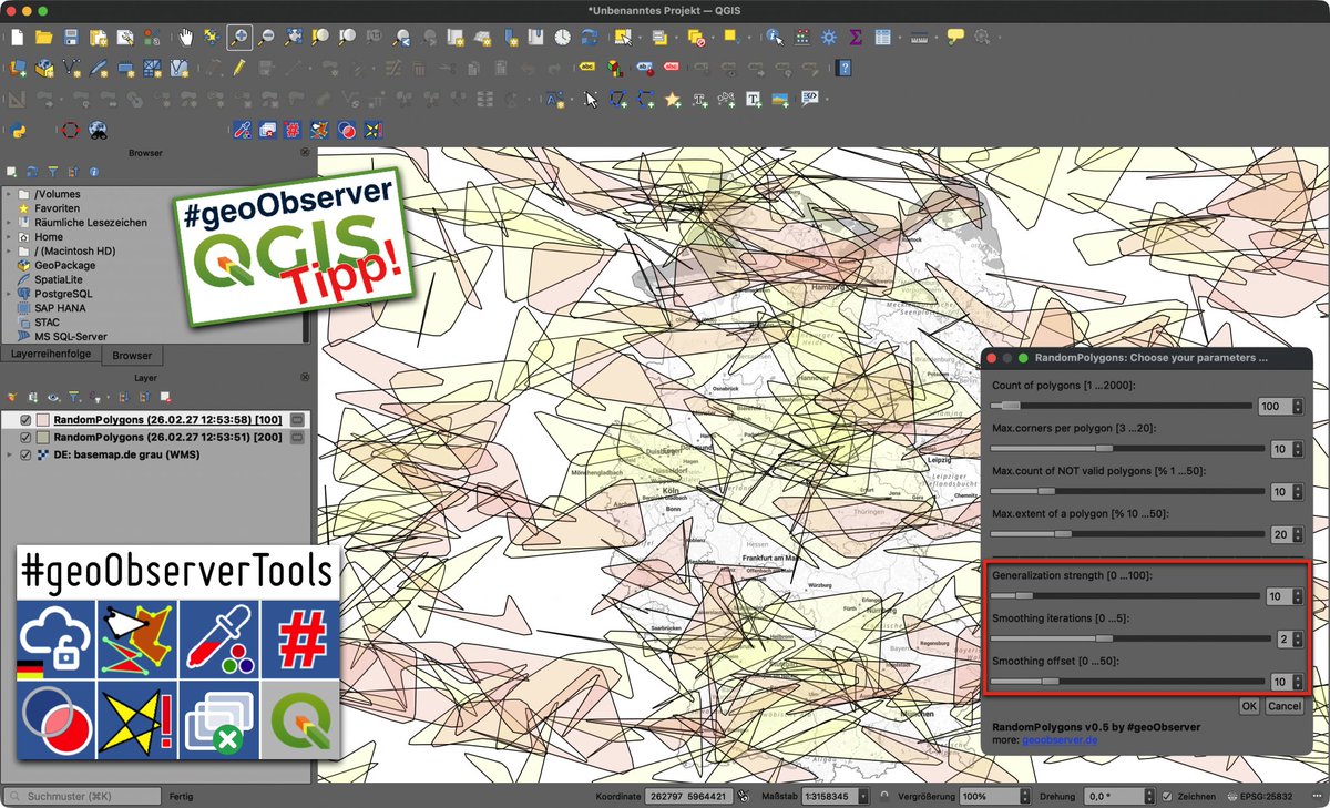 geoObserver_'s tweet photo. 5 Updates #geoObserverTools, neue Funktionen bei RandomPolygons / to all #geoObservertools, new features in RandomPolygons https://t.co/ziFqYFxzLW #qgis #plugin #switch2qgis #gistribe #gischat #fossgis #foss4g #OSGeo #spatial #geospatial #opensource #gis #geo #geoObserver pls RT https://t.co/J1fTFhRlYp