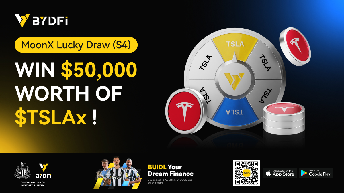 Spin to win $50,000 in $TSLAx! 🔥
MoonX Lucky Draw (S4) is officially open.
Feel the "acceleration" in your portfolio with Tesla! 👇
bydfi.com/en/activities/…
🎁#Giveaway :  10 winners share 100U #TSLAx !
🔸Follow <a href="/moonx_bydfi/">MoonX</a>  +<a href="/BYDFi/">BYDFi</a>  
🔸RT
🔸Comment 
Be the lucky one today. 🍀