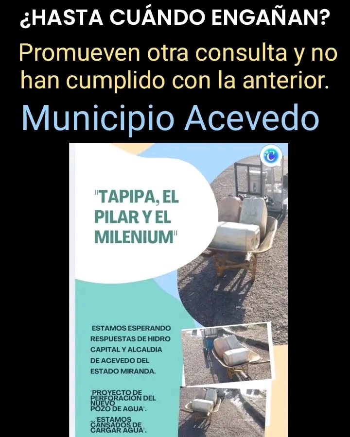 Me escriben  varios vecinos, que en Tapipa, parroquia Ribas del municipio Acevedo del Estado Miranda. Hicieron una consulta, ganó el proyecto de perforación de un nuevo pozo de agua, viene otra consulta y aún no cumplen. 
Atención @HidroCapital2 
<a href="/MirandaGob/">Gob Miranda</a> 
¿Entonces?