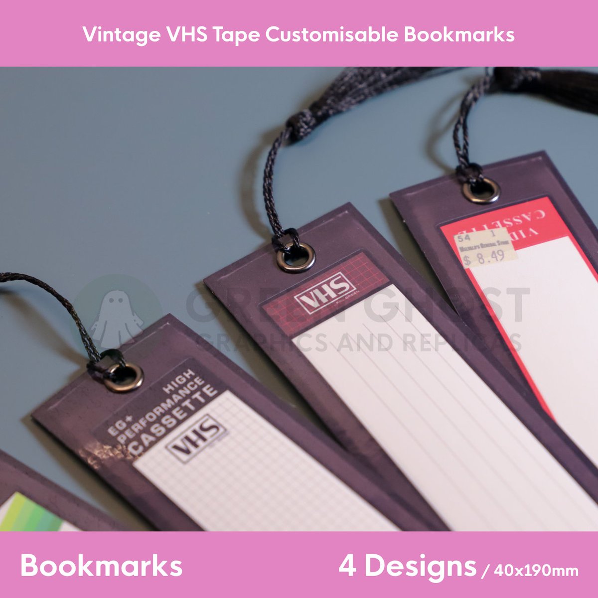 GreenGtGraphics's tweet photo. Inspired by the classic vintage recordable VHS tapes, these four bookmarks capture the charm of retro cassette designs while keeping the spirit of personalisation alive. The main label can be customised however you like. #booktok #bookmarks #customisable #graphicdesign #smallshop https://t.co/hrXEUs9MEi