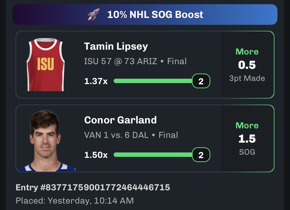 qcdagoat_'s tweet photo. Bang, let’s cash em! Runnin it twice 🤑🔥‼️

#gamblingtwitter #prizepicks #props #nhl #nba #bettingtips #bettingtwitter #sportsgambling #GamblingCommunity https://t.co/n27MueuhSU