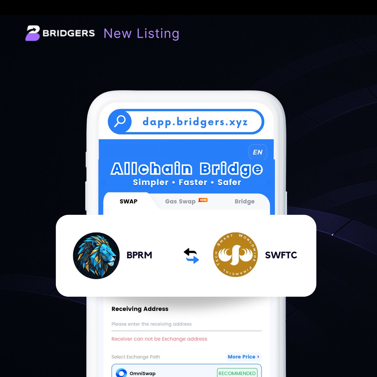 SwftCoin's tweet photo. 🚨BPRM is live on BRIDGERS!🚨

Route $BPRM (BASE) across chains with secure, non-custodial execution powered by smart contracts and aggregated liquidity. 🔐

You authorize. We route. 
🔗 https://t.co/tSueJjBu5f