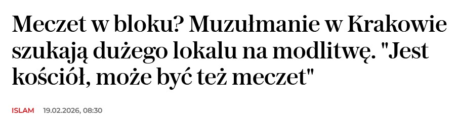 Jacy oni są bezczelni. 

Nie, nie może być meczetu. 

Nie wiem, kto aktualnie rządzi w Krakowie, ale mam nadzieję, że wydanie zakazu otwierania meczetu będzie dla niego priorytetem.