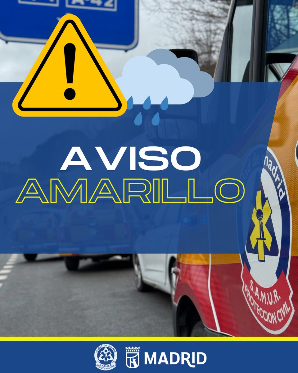 SAMUR_PC's tweet photo. Os recordamos que estamos en alerta 🟡 amarilla 🟡 de la @AEMET_Madrid  en la ciudad de Madrid para el día de hoy. 

⏰ Desde las 14h hasta las 22h 
🌧  ⛈️Por lluvias y tormentas.

Infórmate en cuentas oficiales. Mas información en https://t.co/3O089lFvZs

https://t.co/WWoXKiZqvq https://t.co/b7JkI5O00m