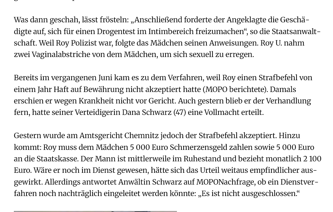 Was ist los bei der Polizei in Sachsen?
Sexueller Missbrauch einer Minderjährigen im Amt. Bewährung, kleine Geldstrafe, Pension wird weiter gezahlt.

<a href="/MdlBehrendt/">Vanessa Behrendt MdL</a> kümmern Sie sich mal um "Roy U."! 🤮