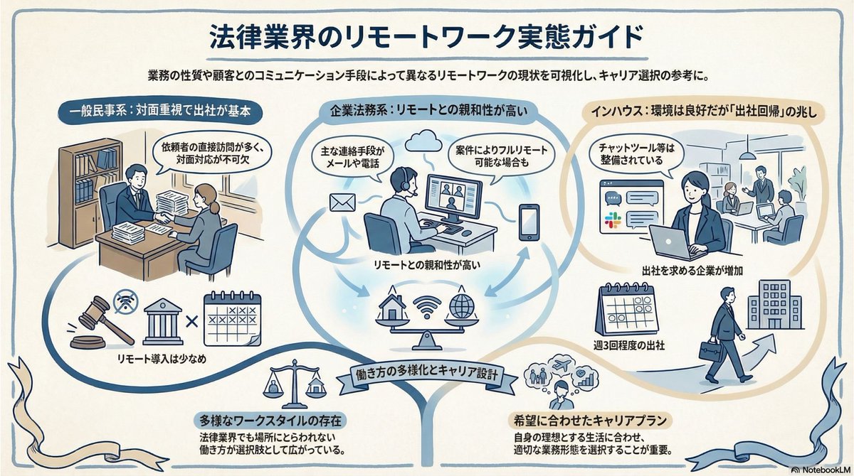 LJB_lawyer's tweet photo. ＼法律業界におけるリモートワークの傾向／

法律事務所や企業の法務部において、
リモートワークの実施状況は
業務の性質によって異なります⚖️

🔽 一般民事系事務所
依頼者の方が直接事務所を訪問されることも多く、
対面での対応が必要となるため、
リモートワークが可能な事務所は少ない傾向。

🔽 企業法務系事務所
顧客とのやり取りを主にメールや電話で行うことが多く、
業務の特性上、リモートワークしやすい環境です。
中には、案件を1人でこなせるならば
フルリモートOKの事務所もあります。

🔽 インハウス（企業内弁護士）
社内のチャットツールの整備が進んでいる企業が多く、
リモートワークしやすい環境が整っています。
「週3回は最低でも出社」といった形で
出社メインの働き方の企業も増えてきています。

法律業界における働き方は多様化しています。
ご自身の希望するワークスタイル に合わせて、
キャリアプランを考えることが重要です💡✨

#法律業界 #リモートワーク #弁護士 #インハウス #企業法務