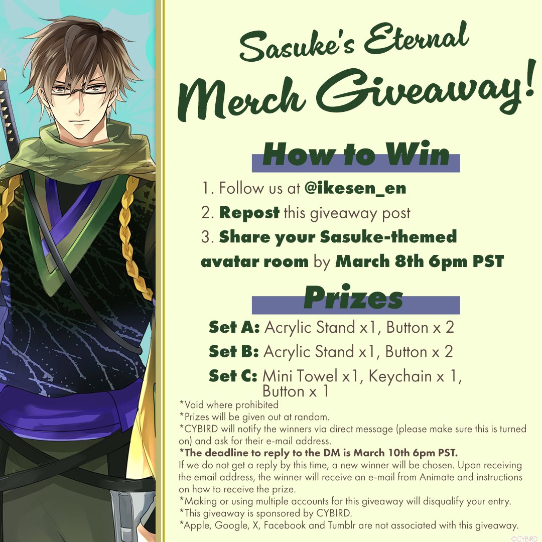 ikesen_en's tweet photo. 💚Sasuke's Eternal Merch Giveaway💚
🎁We're giving away free Sasuke merch!🎁

🏆How to WIN: 
1️⃣Follow 
@ikesen_en

2️⃣Repost THIS post
3️⃣Share your Sasuke-themed avatar room by 3/8 6pm PST♡

Please read the rules carefully &amp; good luck!🤗🍀

#ikesen 
#ikemensengoku 
#otome https://t.co/dKoAsfnrPD