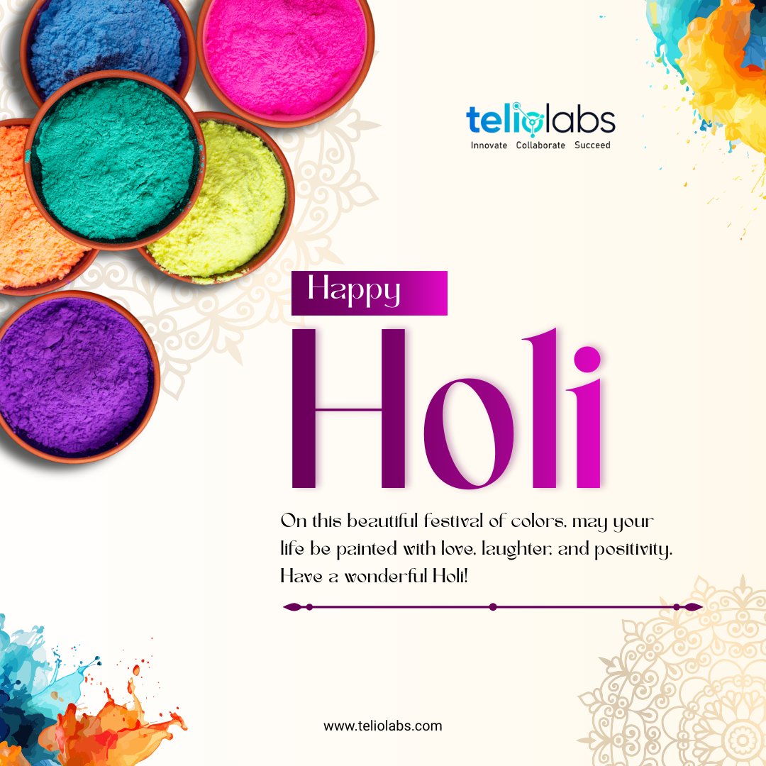 teliolabs's tweet photo. Wishing you a vibrant &amp; joyful #Holi from Team #Teliolabs! May this festival of colors spark innovation, success &amp; new beginnings. Let’s celebrate unity, creativity &amp; growth together.
Have a safe, colorful &amp; prosperous Holi!
#HappyHoli #Holi2026 #FestivalOfColors #Innovation https://t.co/kfhDiIYsjE