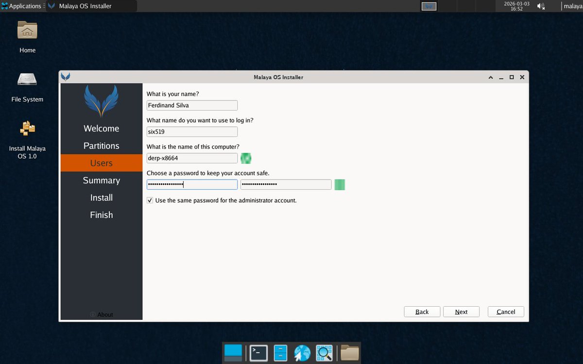 ferdinandsilva's tweet photo. I Added more features, better hardware support &amp; upgraded the kernel of my hobby Linux distro called Malaya! I'm planning to share the ISO in the next few weeks after adding a media player &amp; an office app so it feels like a real desktop OS. https://t.co/N01wA9YxZC