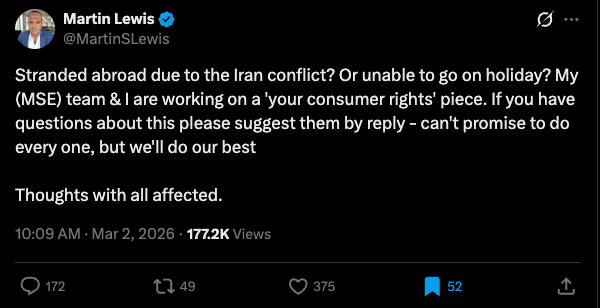 rowallantravel's tweet image. 1/7
Martin Lewis asked for questions on consumer rights amidst Middle East flight chaos.

TL;DR of 170+ replies: Poor comms, refund delays, scams accounts preying on stranded travellers.

Details below👇🏻

#MiddleEastCrisis #FlightCancellations #StrandedAbroad #IranWar