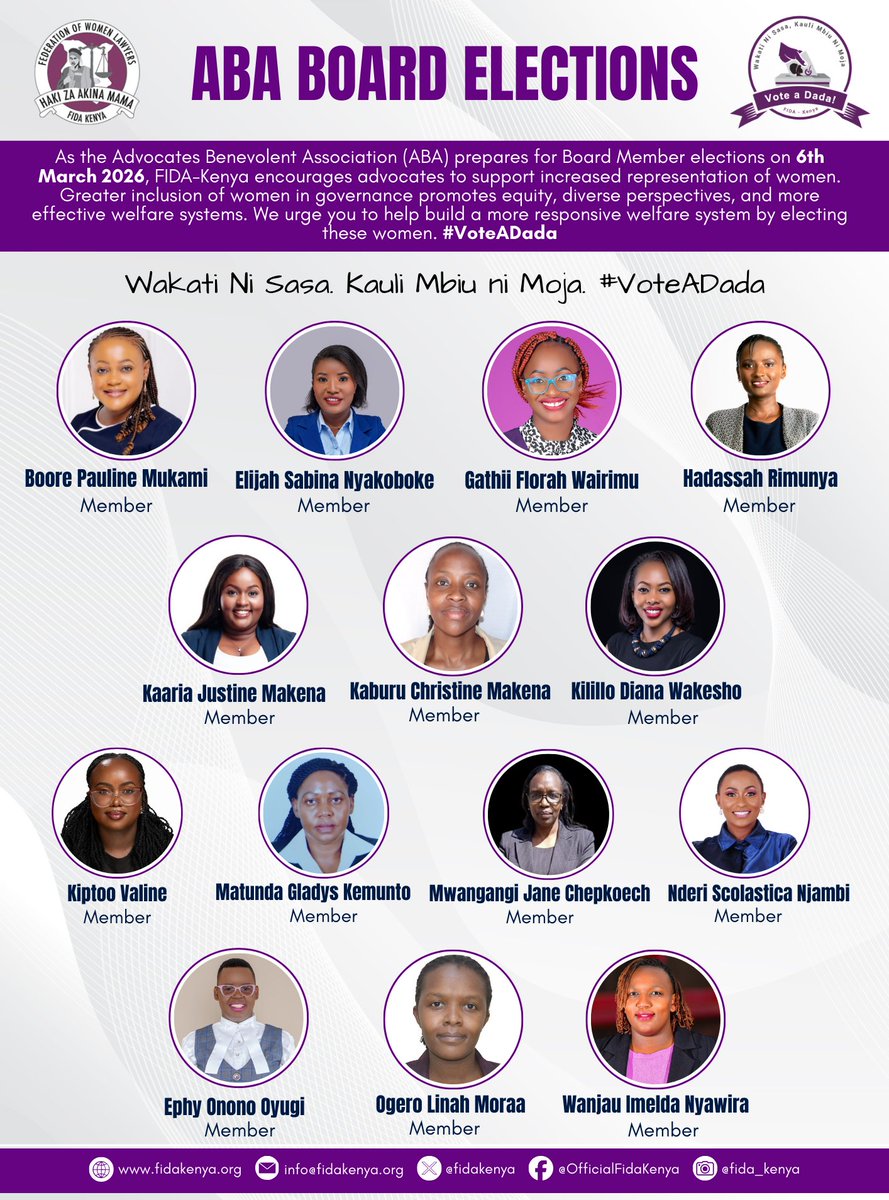 fidakenya's tweet photo. Dear advocates, the following ladies are requesting your support in electing them as your representatives to The Advocates' Benevolent Association (ABA) Board. Please #VoteADada on the 6th of March 2026. https://t.co/tQBP2pxkwW