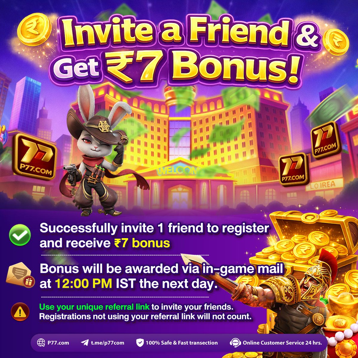 P77Game's tweet photo. 📢 Invite Friends &amp; Easily Earn ₹7 Rewards! 🔥

What are you waiting for?
Join the P77 referral event now!
Successfully invite 1 friend to register and receive a ₹7 exclusive bonus 💰

🎁 The reward will be automatically sent via in-game mail at 12:00 PM (IST) the next day https://t.co/lDN0BSXXsu