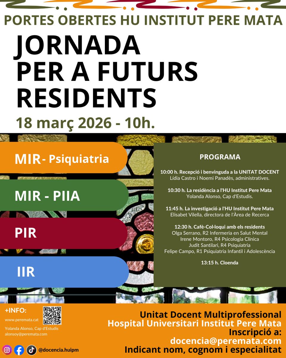 GrupPereMata's tweet photo. Jornada de portes obertes per a futurs residents #MIR #PIR #IIR #PIIA a l'Hospital Universitari Institut Pere Mata #Reus #Psiquiatria
🗓️18/03/2026 https://t.co/fGUezvO1E5