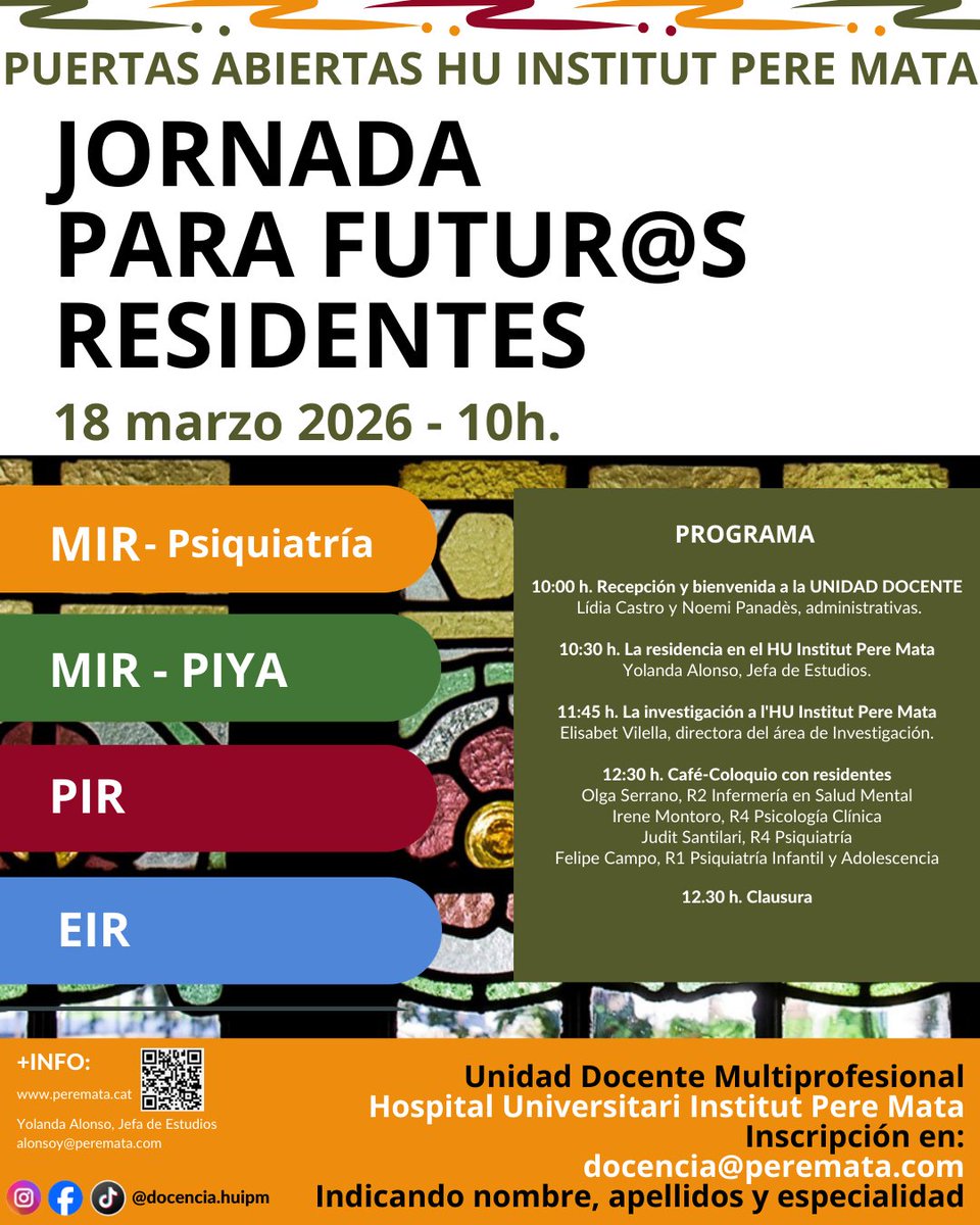 GrupPereMata's tweet photo. Jornada de portes obertes per a futurs residents #MIR #PIR #IIR #PIIA a l'Hospital Universitari Institut Pere Mata #Reus #Psiquiatria
🗓️18/03/2026 https://t.co/fGUezvO1E5