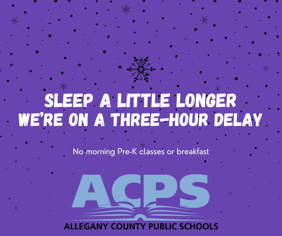 acpsmd's tweet photo. We're on a 3-hour delay today, Tuesday, March 3rd, due to icy road conditions.❄️ ❄️ There will be no AM Pre-K or breakfast service. https://t.co/kXCbNuhwYY