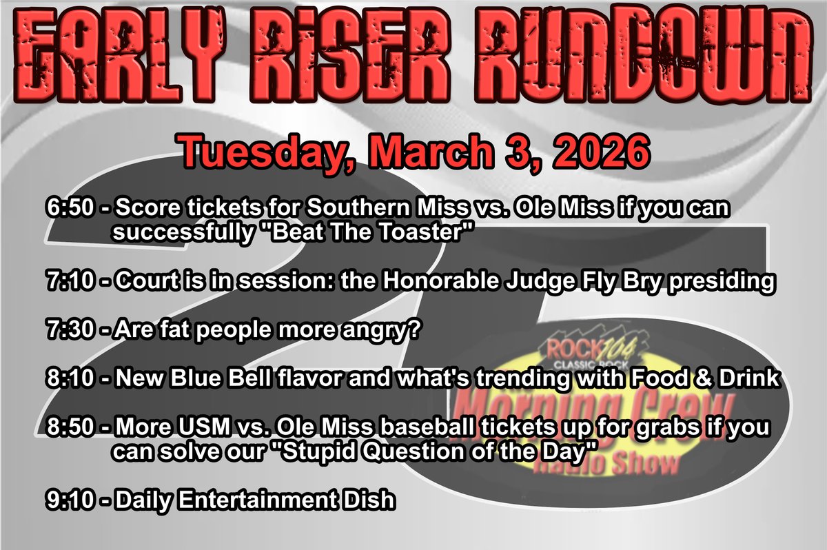 MCRS104's tweet image. We're sliding into Tuesday with our #PreShowHour to ease y'all into the morning -- and that means great tunes and more!

Join us now on @Rock104FM and #ListenLocal -- and be sure to stick around for what we've got planned for after 6:00...