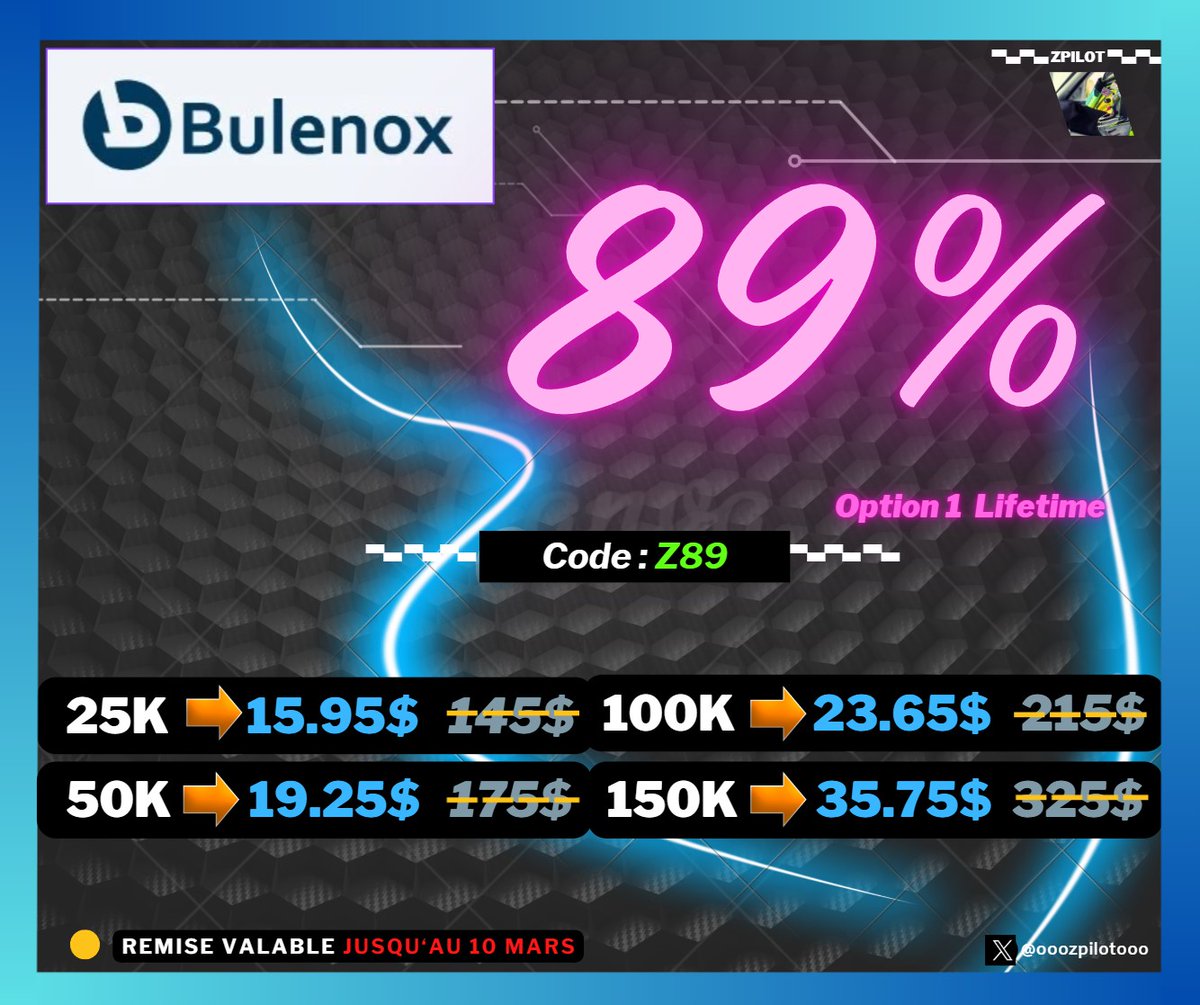 Promotion BULENOX -8⃣9⃣% sur tous les comptes Option 1 LIFETIME jusqu'au 10/03. 
➡️Lien : bulenox.com/member/aff/go/…
❤️Code : Z89
🗓️Validité : 10/03
✅Promo : -89% Lifetime sur tous les comptes option 1
✅Validation en 1 jour
Bon trading et prudence sur les marchés actuels 👍😉