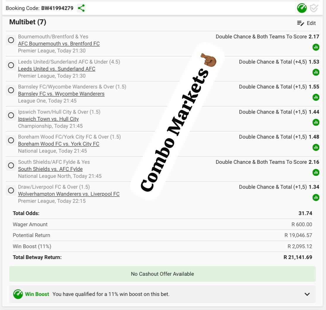 LETS GO COMBOS! @𝐁𝐄𝐓𝐖𝐀𝐘 +30 Odds🔥😮‍💨
------------------------------------------------
𝐊𝐢𝐜𝐤 𝐎𝐟𝐟 𝐓𝐢𝐦𝐞 : Today@21H30⏰
𝐂𝐨𝐩𝐲_𝐂𝐨𝐝𝐞: BW41994279
------------------------------------------------
𝐋𝐈𝐍𝐊𝐂𝐎𝐃𝐄 : betway.co.za/book-a-bet-res…