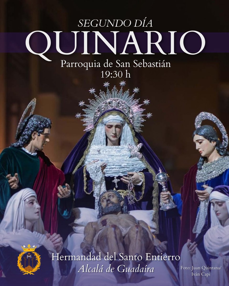 🟣 2º 𝗗Í𝗔 𝗗𝗘 𝗤𝗨𝗜𝗡𝗔𝗥𝗜𝗢
📌Hoy aplicamos las intenciones del quinario por los costaleros
y la guardia romana de nuestra hermandad.
⛪️Parroquia de San Sebastián
🕗19:30 h Rezo del Santo Rosario, Ejercicio de Quinario y Santa Misa