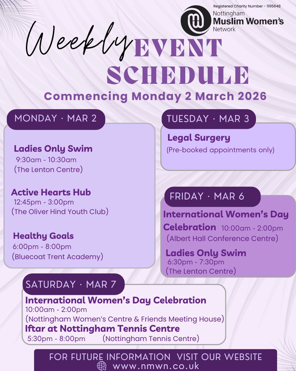 NottinghamMWN's tweet photo. ✨ Weekly events at Nottingham Muslim Women's Network! 🌟 Join us for a week of fun events and activities. 🎉
For details, visit our website:
👉 https://t.co/JEn7MveTD7

#muslimwomen #nottinghamwomen #nottswomen #nmwnetwork #bike #cycling #uk #mynottingham #nmwn https://t.co/tv6oFF9p7q