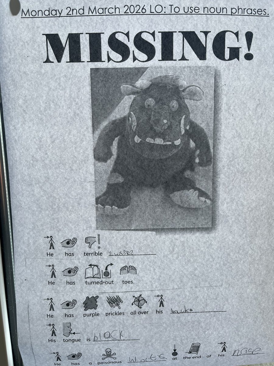 ivingswood's tweet photo. I’ve come into work today to see we have some missing items! Wanted posters are up all over the school. Year 1 and 2 have some key characters from their class missing: The Gruffalo, The Gingerbread Man and Pink Monkey. If you see them, please let Mrs Bacon know. #findourfriends https://t.co/UYaI4ty4bq