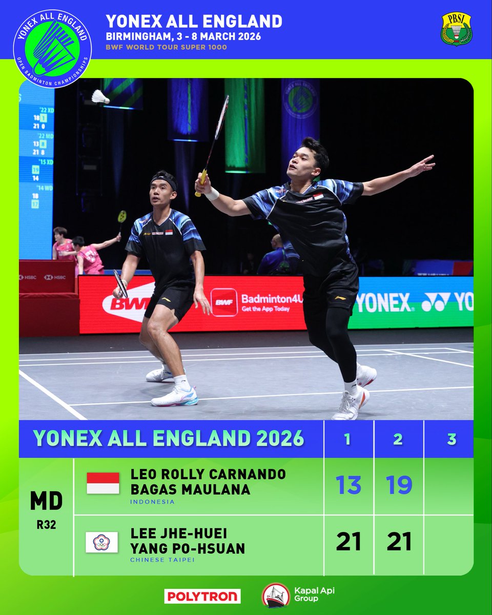 INABadminton's tweet photo. Leo/Bagas harus akui keunggulan pasangan Chinese Taipei.

Tetap semangat!

#BadmintonIndonesia #AllEngland2026 https://t.co/kl0ldExgaV