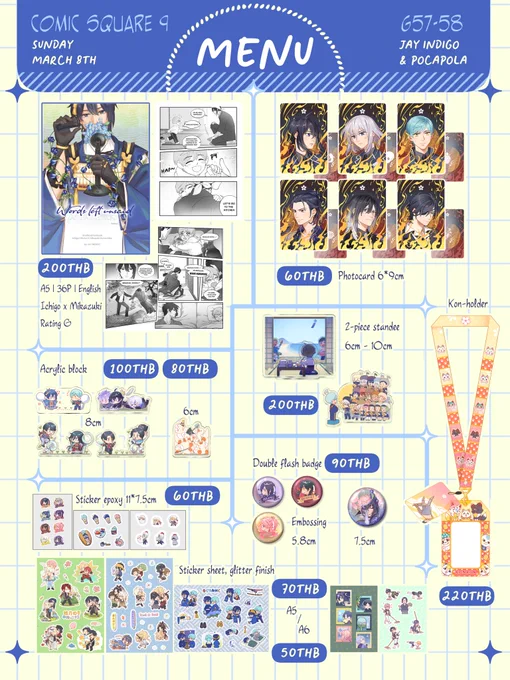 Here's my menu for #CQ9 🇹🇭 this sunday.

As usual, I will bring touken ranbu and nucani merch. I will be boothing with @polamelia , please take care of us 🙇

📍G57-58
🗓️ Sunday, March 8th

See you then! #comicsquare9 #CQ9_SUN 