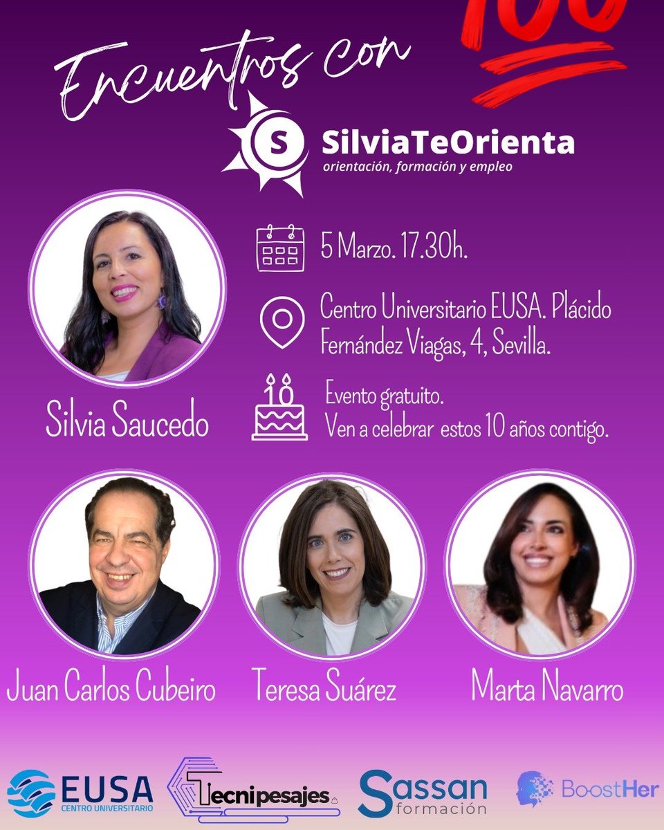 rociomartinv's tweet photo. II Encuentro con #SilviaTeOrienta con invitad@s de lujo:
🟣 @juancarcubeiro experto en management y gestión del talento
🟣 @teresuarezm experta en Marketing y fundadora de #BoostHer
🟣 Marta Navarro, emprendedora e impulsora de marcas
📅 Jueves
⏰️ 17:30
🧭 EUSA #Sevilla https://t.co/CDHgMHpFsZ
