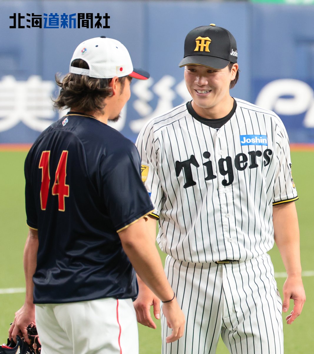 photo_doshin's tweet photo. #北海道日本ハムファイターズ から #侍ジャパン に選出された #伊藤大海 投手。強化試合を前に、阪神の #伏見寅威 選手と言葉を交わしていました。
#lovefighters #きょうのトライさん 

▽侍ジャパンやファイターズの記事はこちらから▽
https://t.co/bHE41ypYD9 https://t.co/Nt56dXs4iV