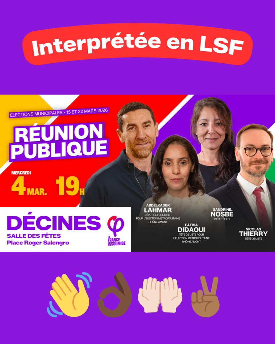 ℹ️ Notre réunion publique sera intégralement interprétée en langue des signes française 👋🏿✌️

#Municipales2026 #Décines #RhôneAmont #LFI