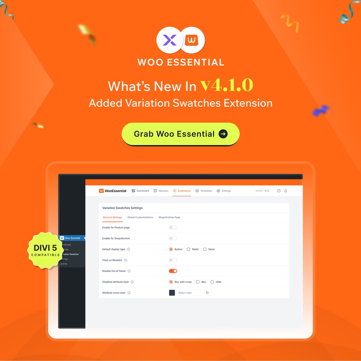 divi_next's tweet image. 🚀 Woo Essential V4.1.0 is here!

Introducing Variation Swatches — no more boring dropdowns!

✅ First Divi 5 WooCommerce Plugin 
✅ Sleek, visual &amp;amp; customizable

🎁 25% off — Divi 5 Celebration Gift!

👉 wooessential.com

#WooCommerce #Divi5 #DiviNext