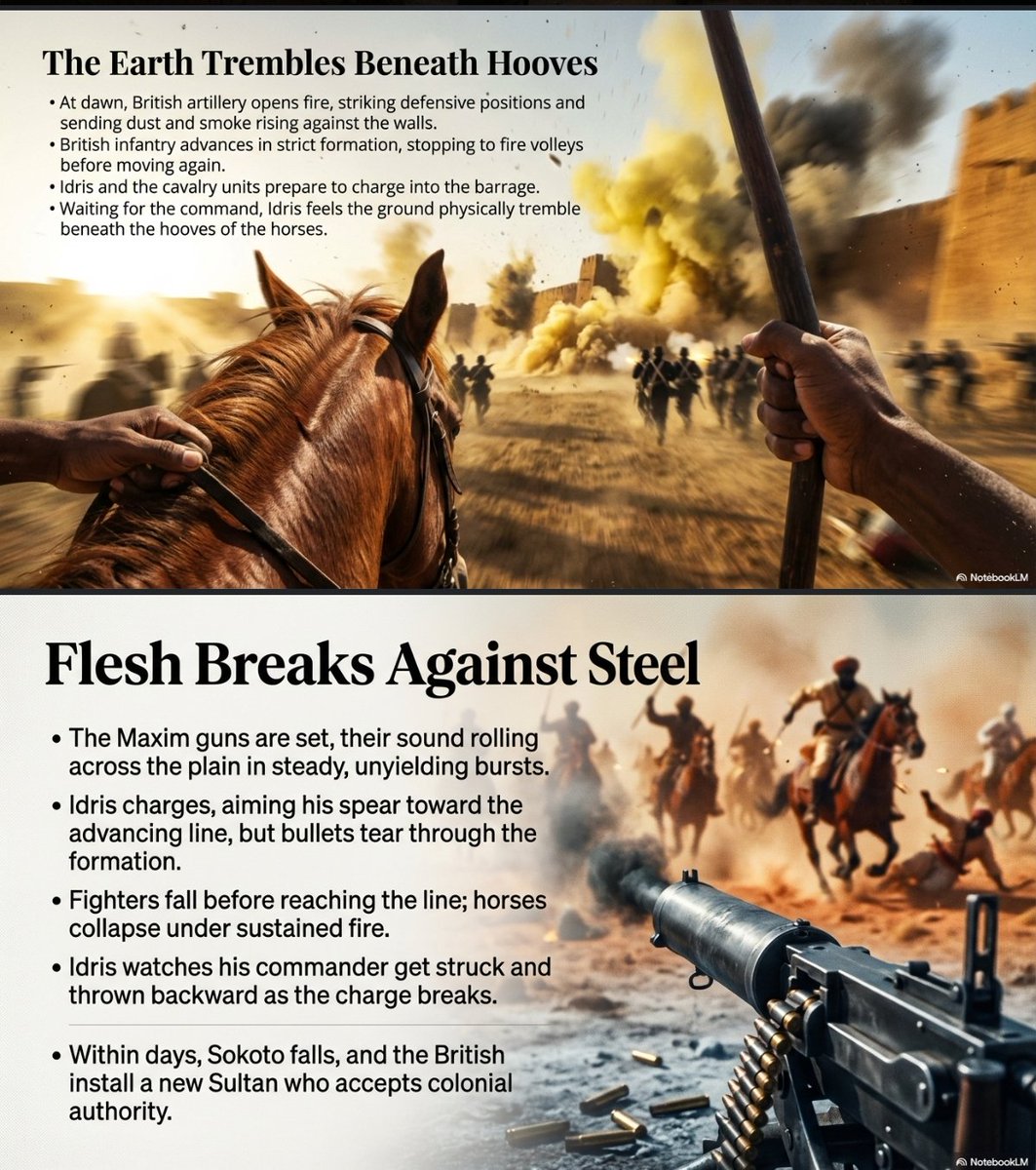 FictionXHistory's tweet photo. At dawn, British artillery and Maxim guns roared across the plain. Idris rode with the cavalry, urging his horse forward. Rifle fire tore through the lines. Horses fell. Fighters were thrown into dust and smoke. Sokoto’s walls could not hold against the advance. #SokotoCaliphate https://t.co/4xYRB3jpxs